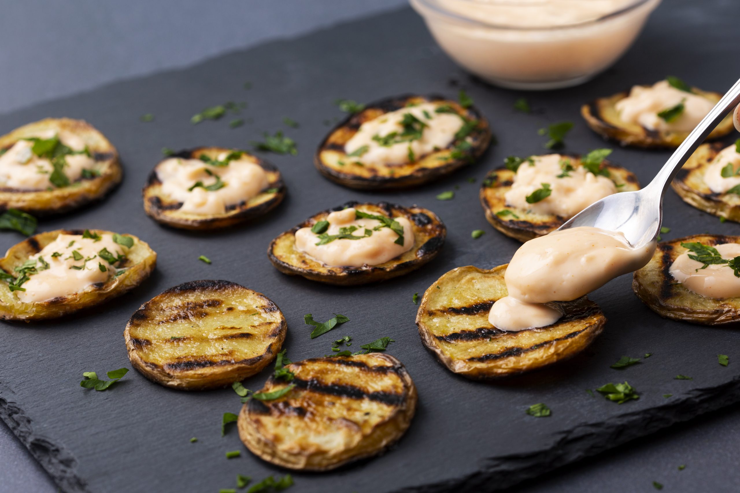 Grilled Colomba Disks With Garlicky Cholula Mayo - Potato Glory