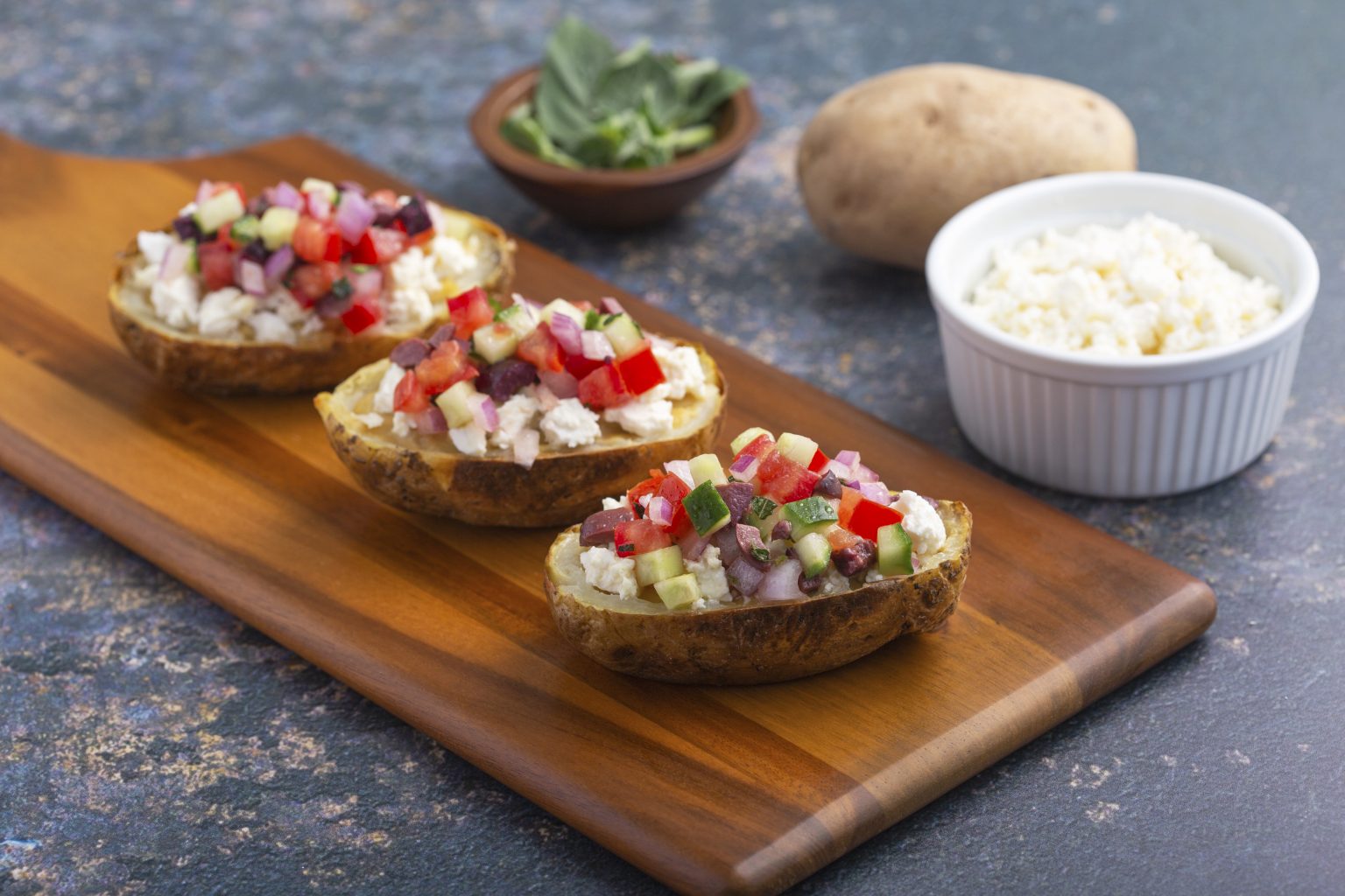 Baked Rickey Russet Potato Skins With Hummus and Fresh Greek Relish